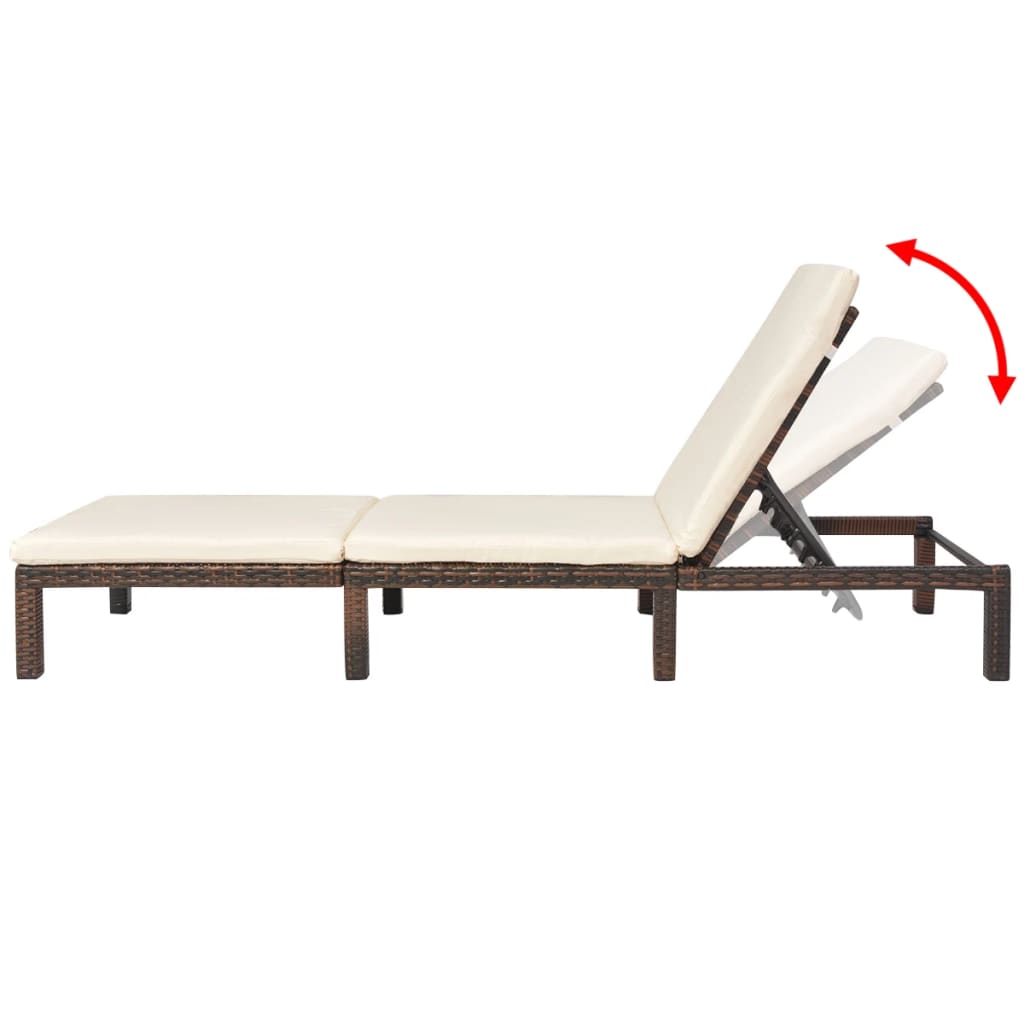 Sun lounger with cushion in brown PE wicker