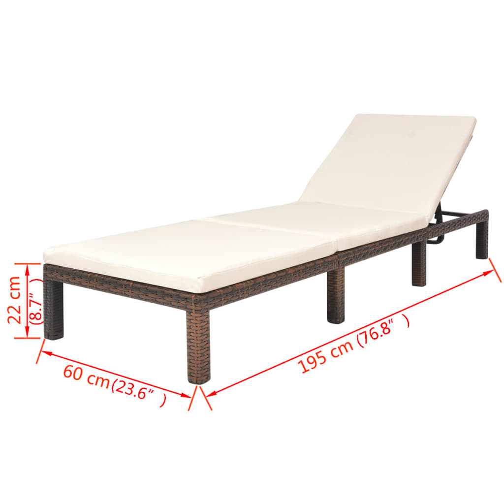 Sun lounger with cushion in brown PE wicker