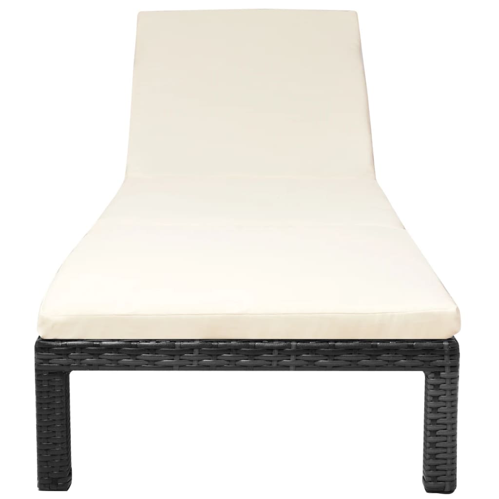 Sun lounger with cushion in black PE wicker