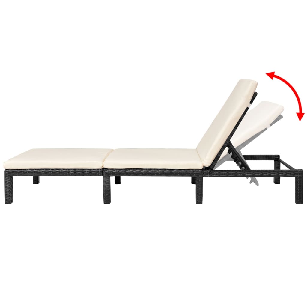 Sun lounger with cushion in black PE wicker