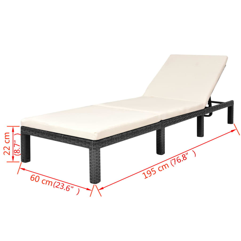 Sun lounger with cushion in black PE wicker