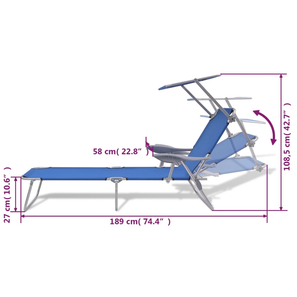 Sun lounger with blue steel canopy