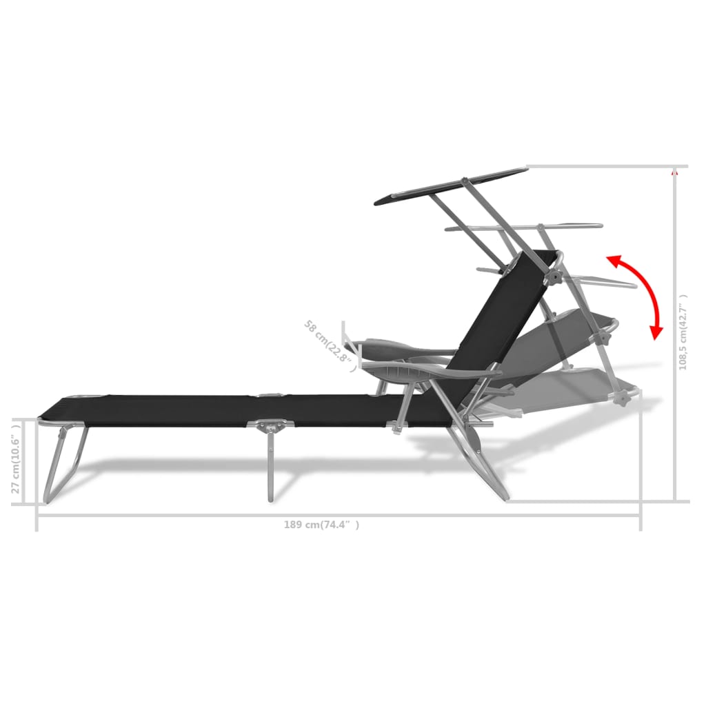 Sun lounger with black steel canopy