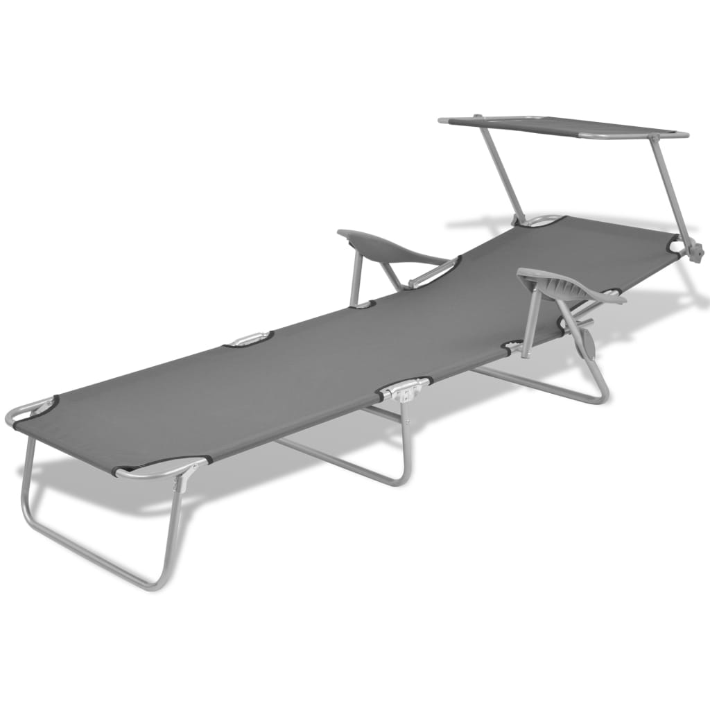 Sun lounger with grey steel canopy