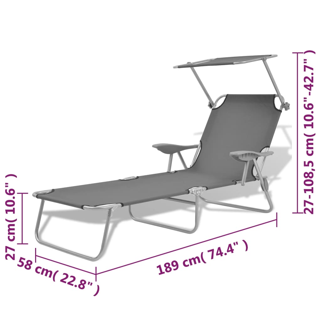Sun lounger with grey steel canopy