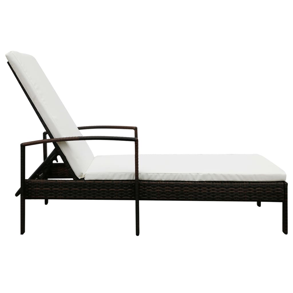 Sun lounger with cushion in brown PE wicker