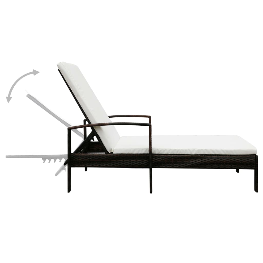 Sun lounger with cushion in brown PE wicker