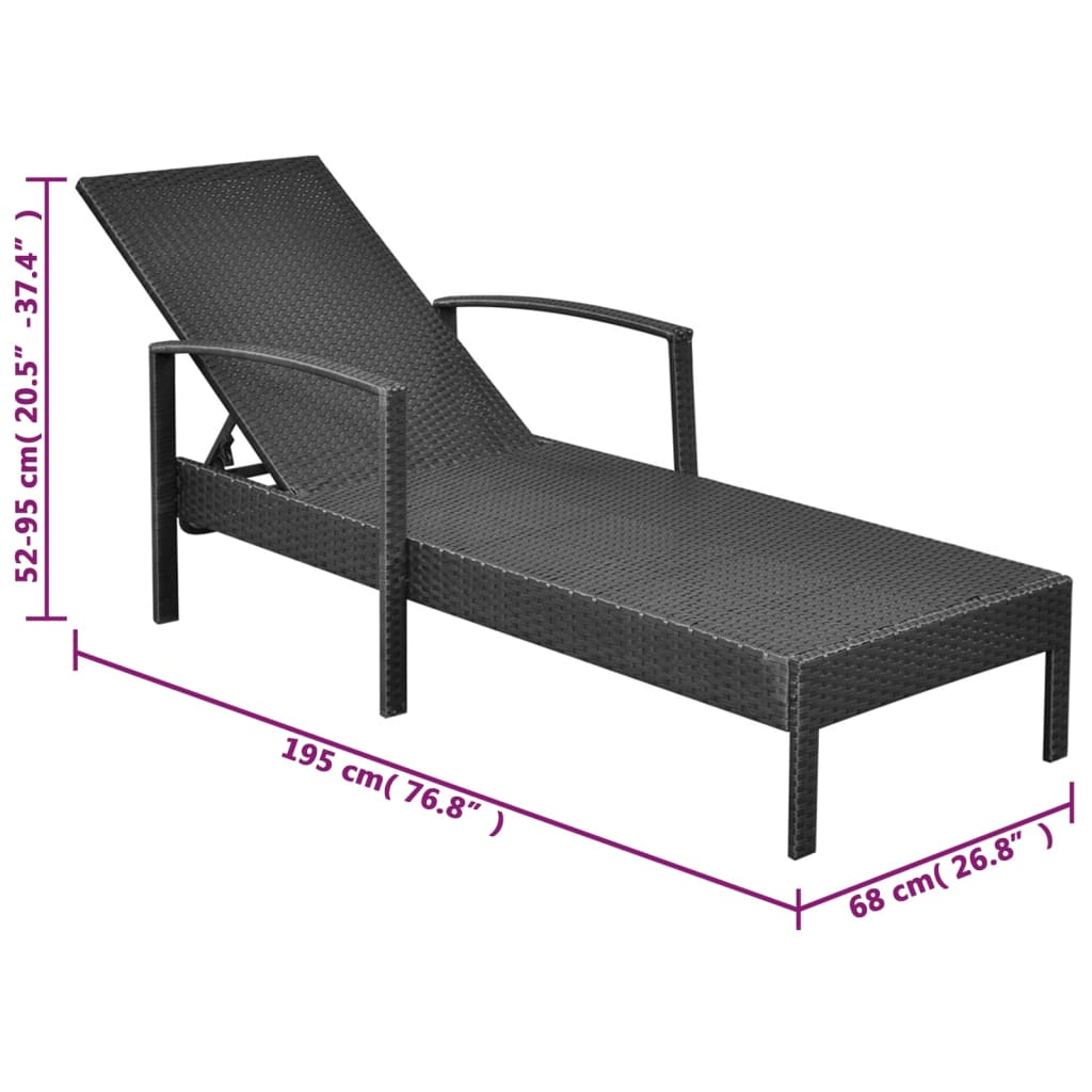 Black PE wicker sun lounger with cushion
