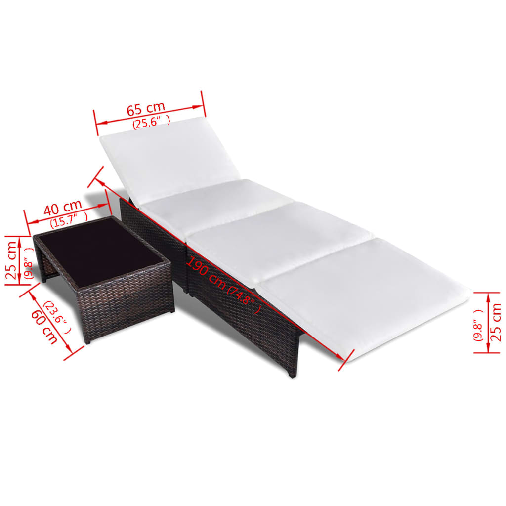 Cadeiras jardim reclináveis 2 pcs c/ mesa vime PE castanho