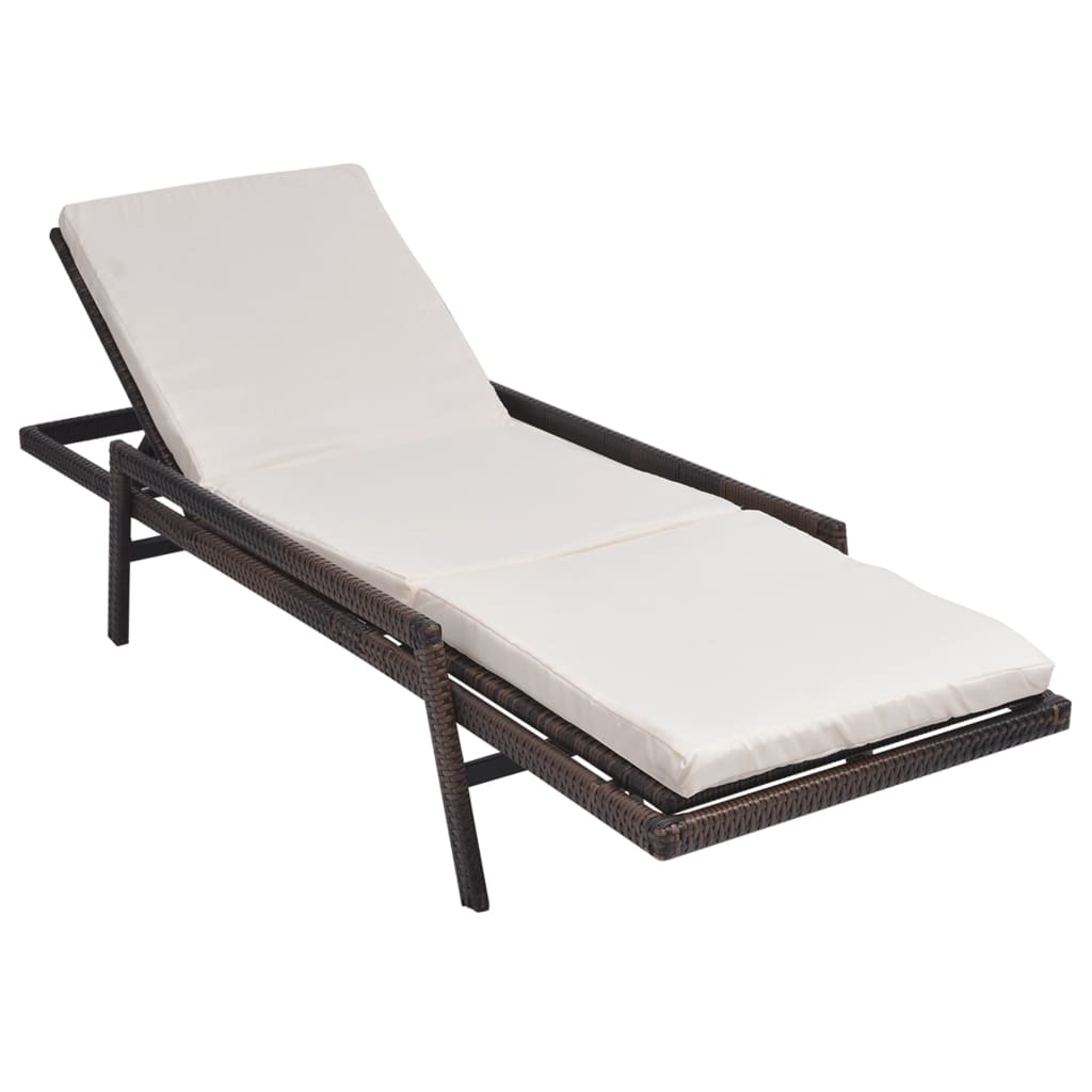 Sun lounger with cushion in brown PE wicker