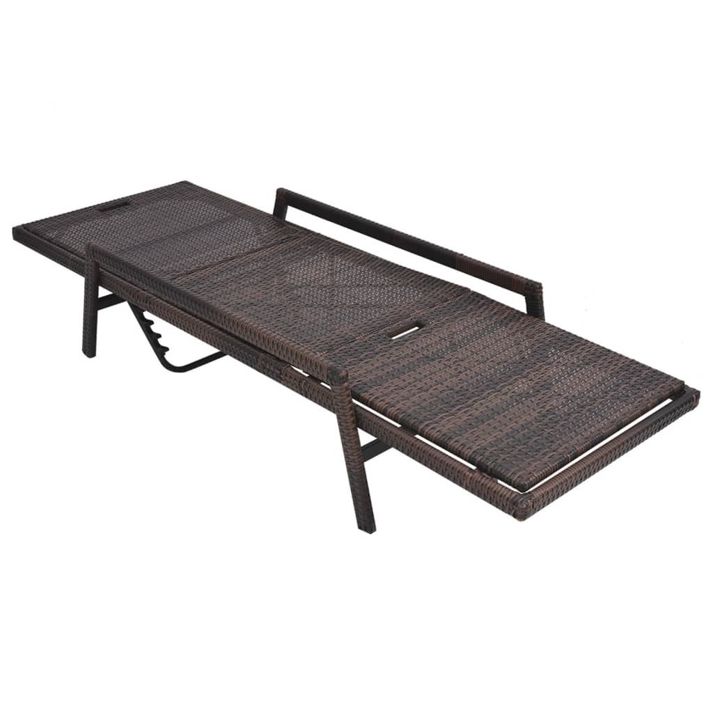 Sun lounger with cushion in brown PE wicker