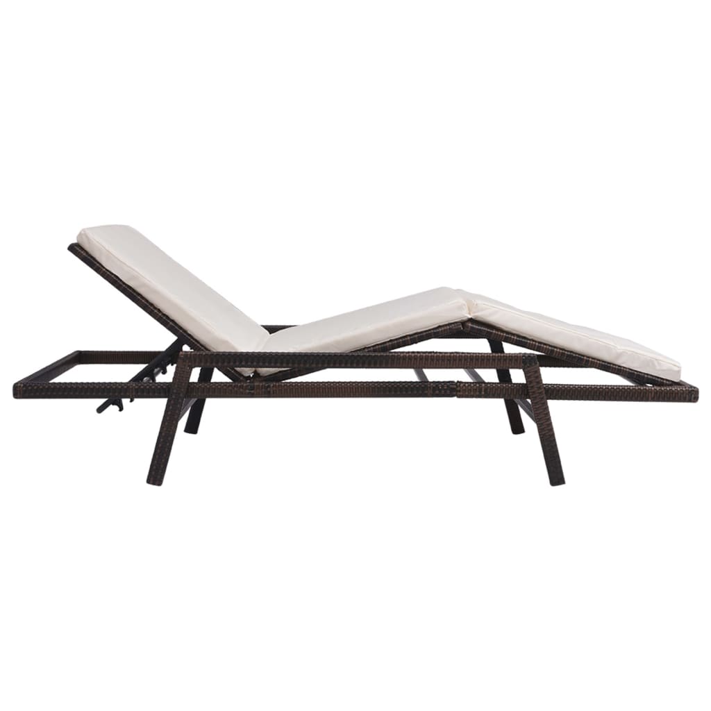 Sun lounger with cushion in brown PE wicker