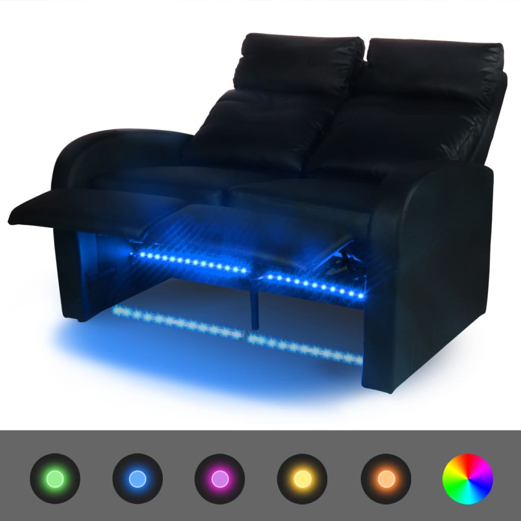 Poltrona reclinável LED 2 lugares, couro artificial, preto