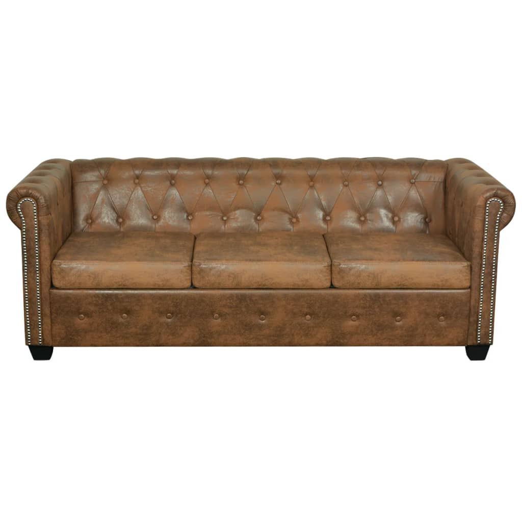 Sofá Chesterfield 3 lugares couro artificial castanho