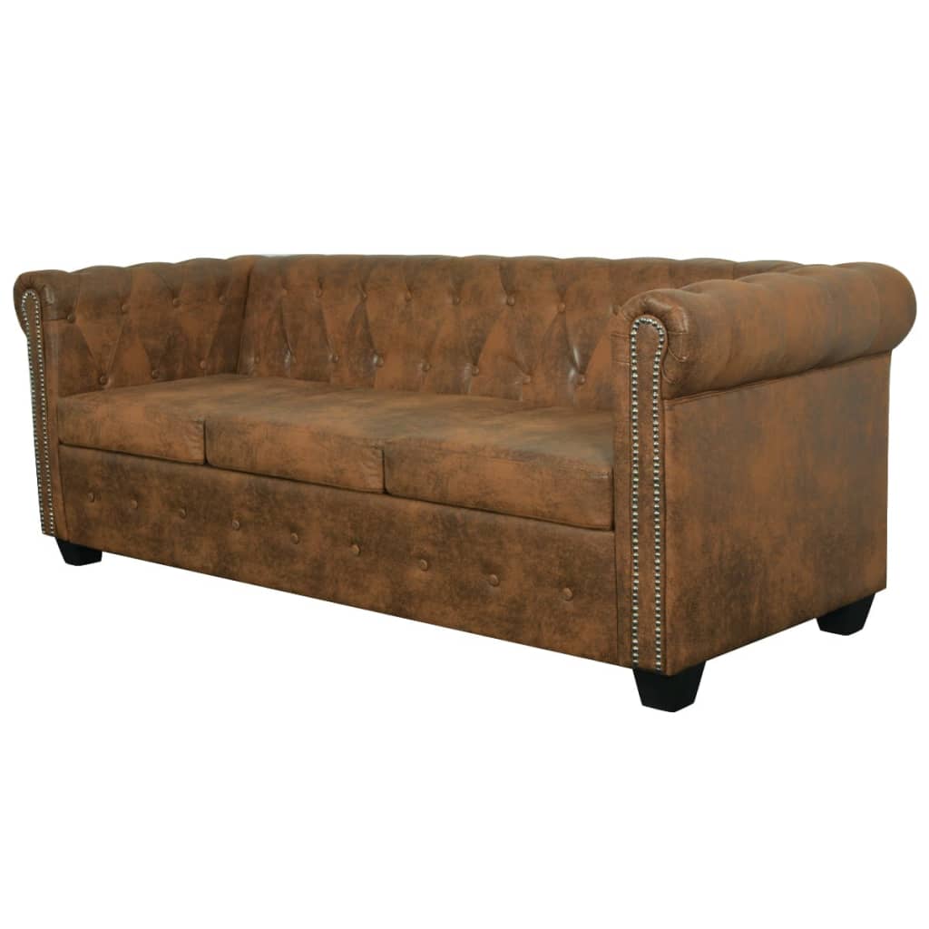 Sofá Chesterfield 3 lugares couro artificial castanho