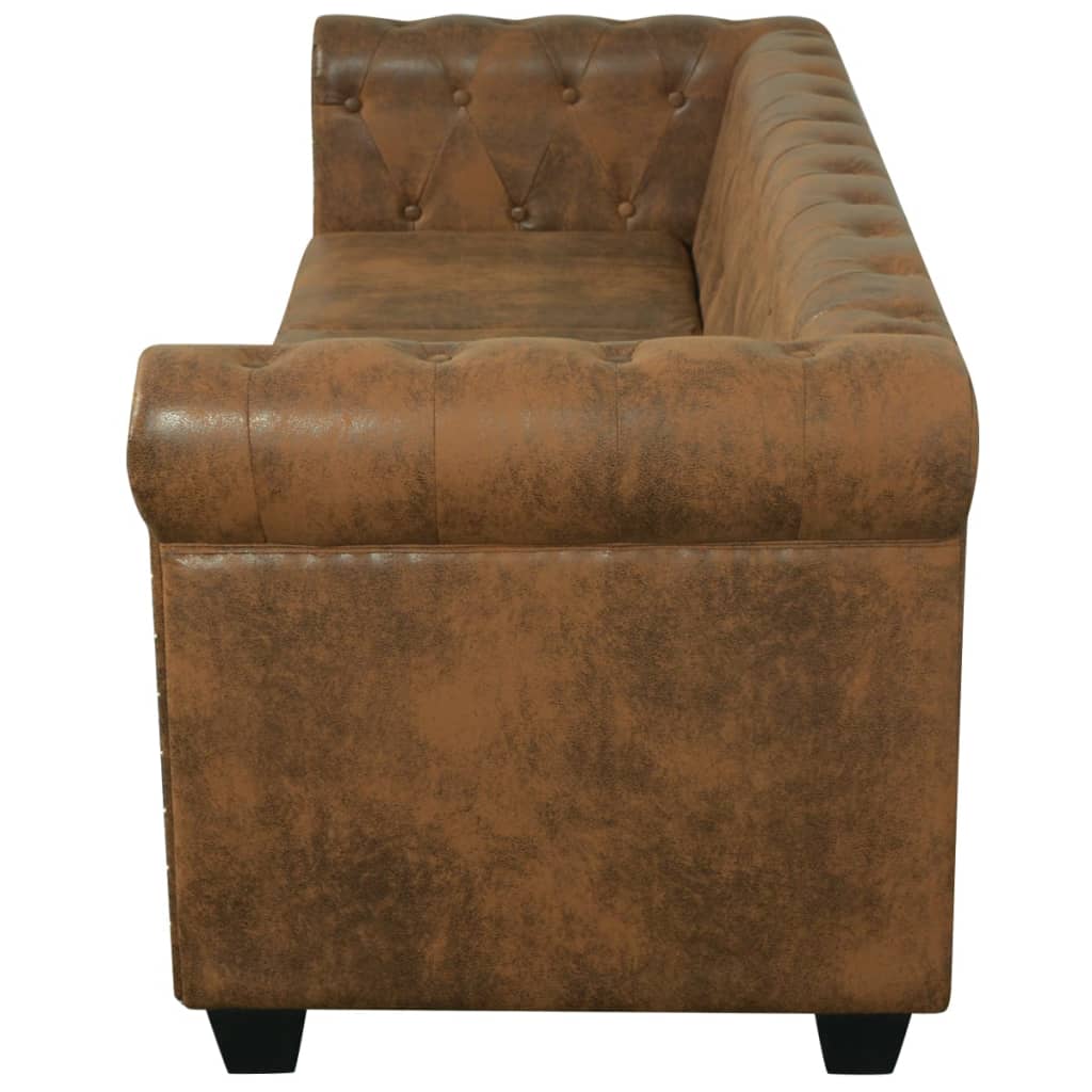 Sofá Chesterfield 3 lugares couro artificial castanho