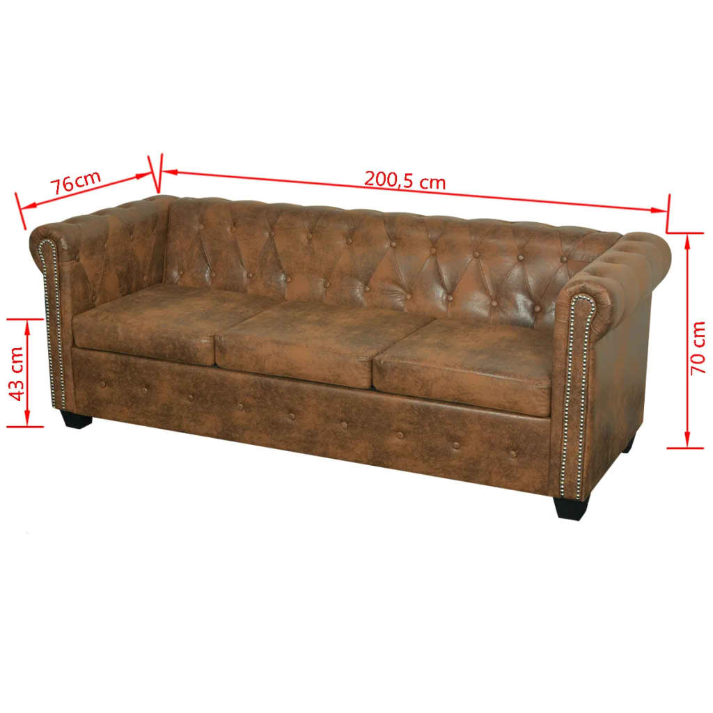 Sofá Chesterfield 3 lugares couro artificial castanho