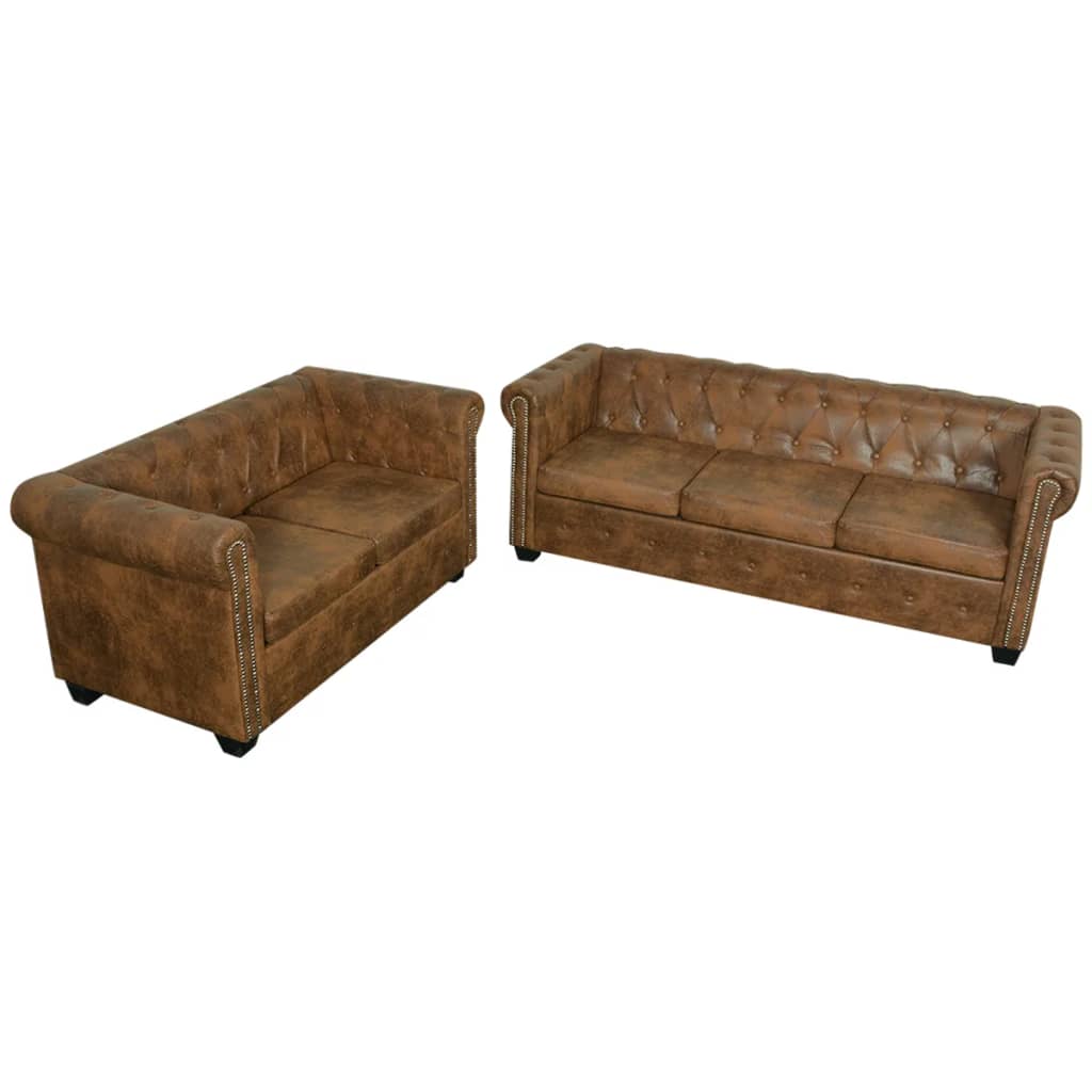 Conjunto de sofás de 2 + 3 lugares, Chesterfield, castanho