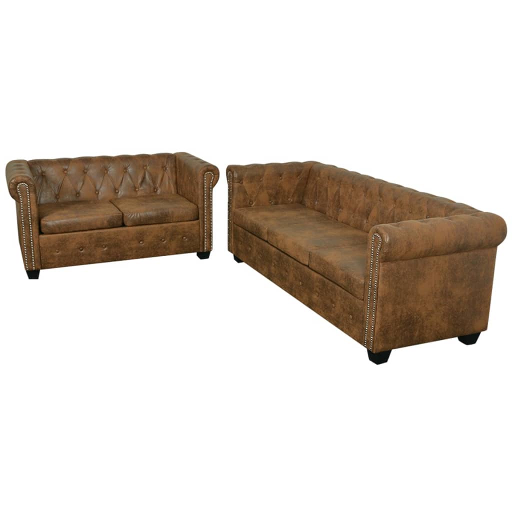 Conjunto de sofás de 2 + 3 lugares, Chesterfield, castanho