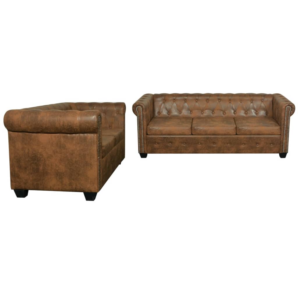 Conjunto de sofás de 2 + 3 lugares, Chesterfield, castanho