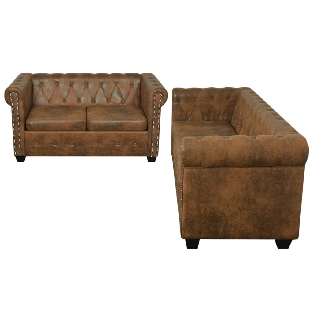 Conjunto de sofás de 2 + 3 lugares, Chesterfield, castanho