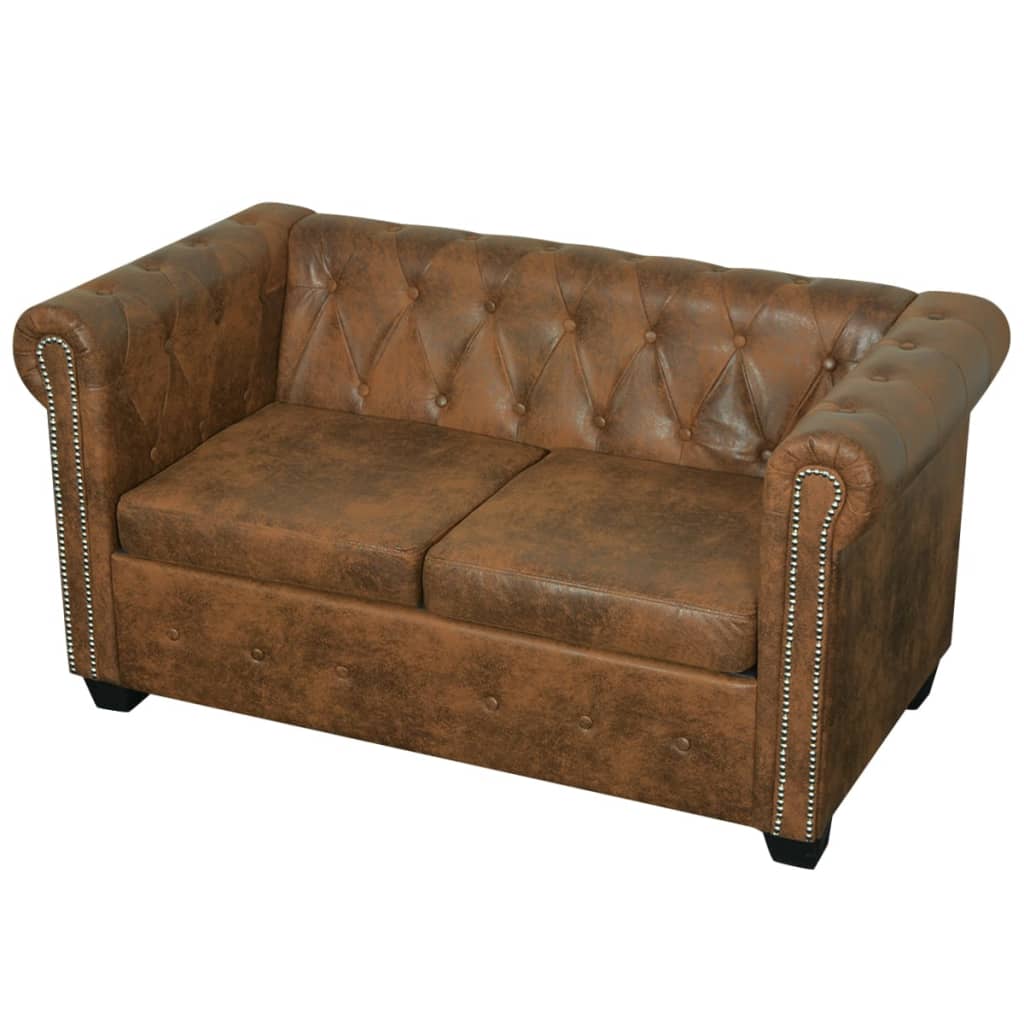 Conjunto de sofás de 2 + 3 lugares, Chesterfield, castanho