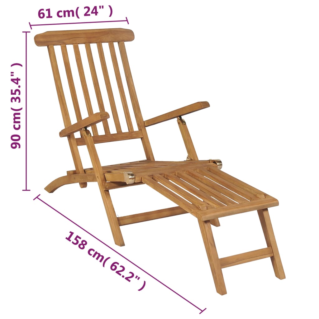 Sun lounger with footrest in solid teak wood