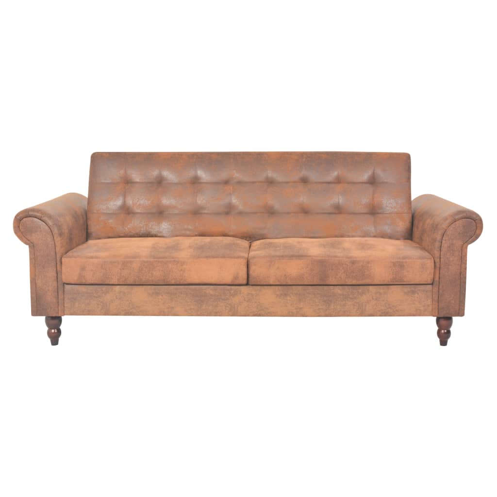 2-seater convertible sofa with armrests in brown faux suede