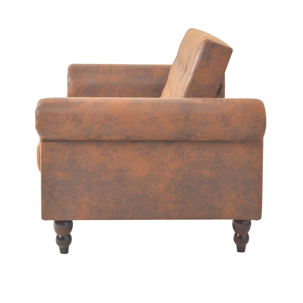 2-seater convertible sofa with armrests in brown faux suede