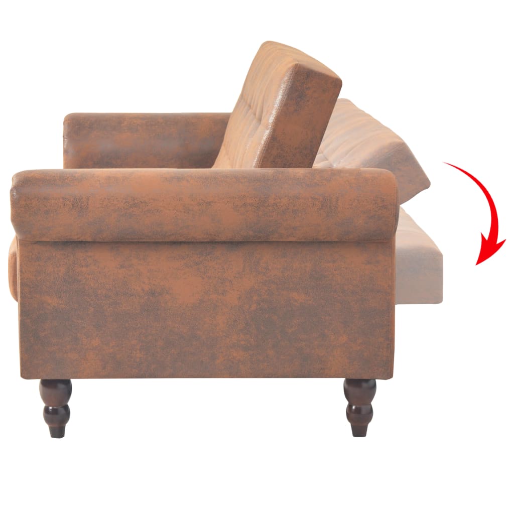 2-seater convertible sofa with armrests in brown faux suede