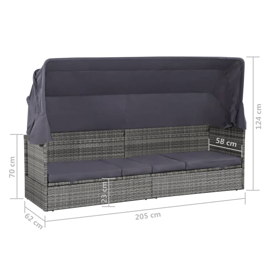 Garden sun lounger with canopy 205x62 cm PE wicker grey