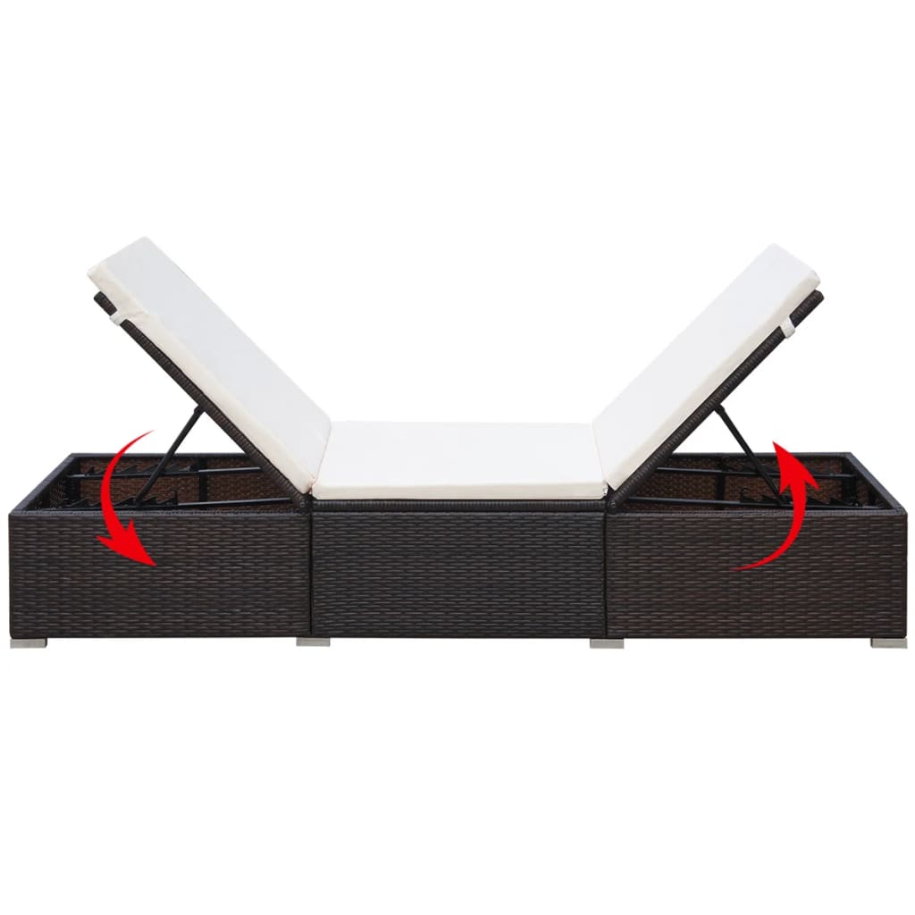 Sun lounger with cushion in brown PE wicker