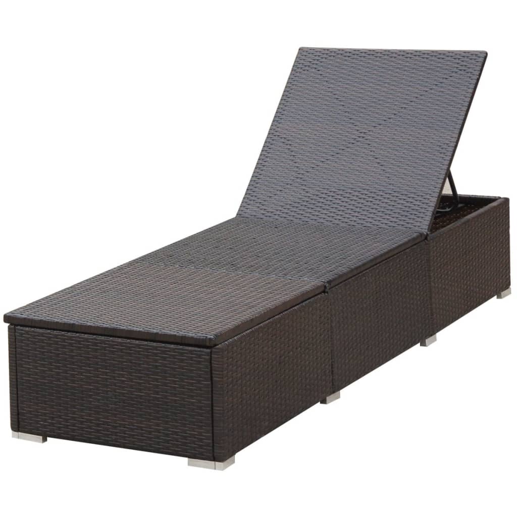 Sun lounger with cushion in brown PE wicker