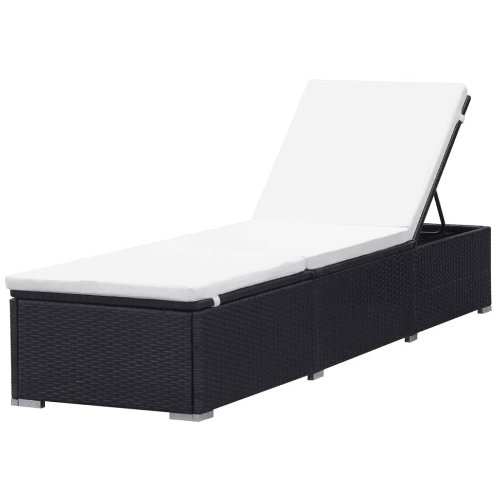 Sun lounger with cushion in black PE wicker