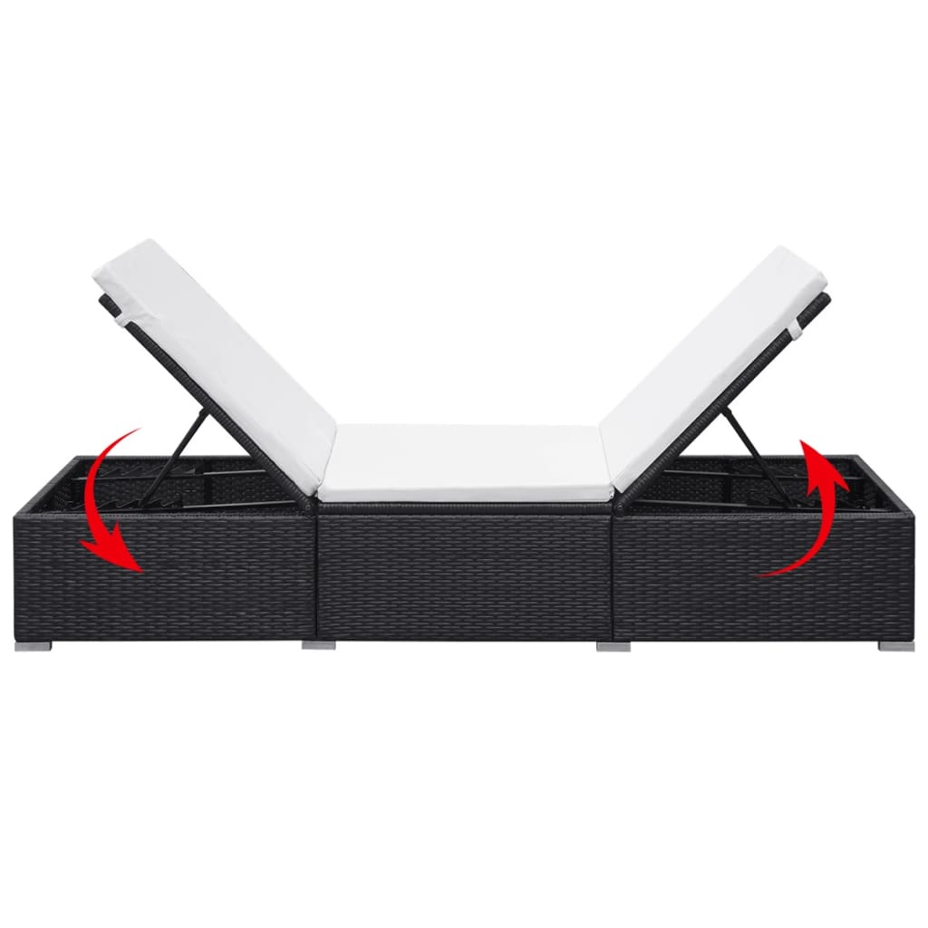 Sun lounger with cushion in black PE wicker