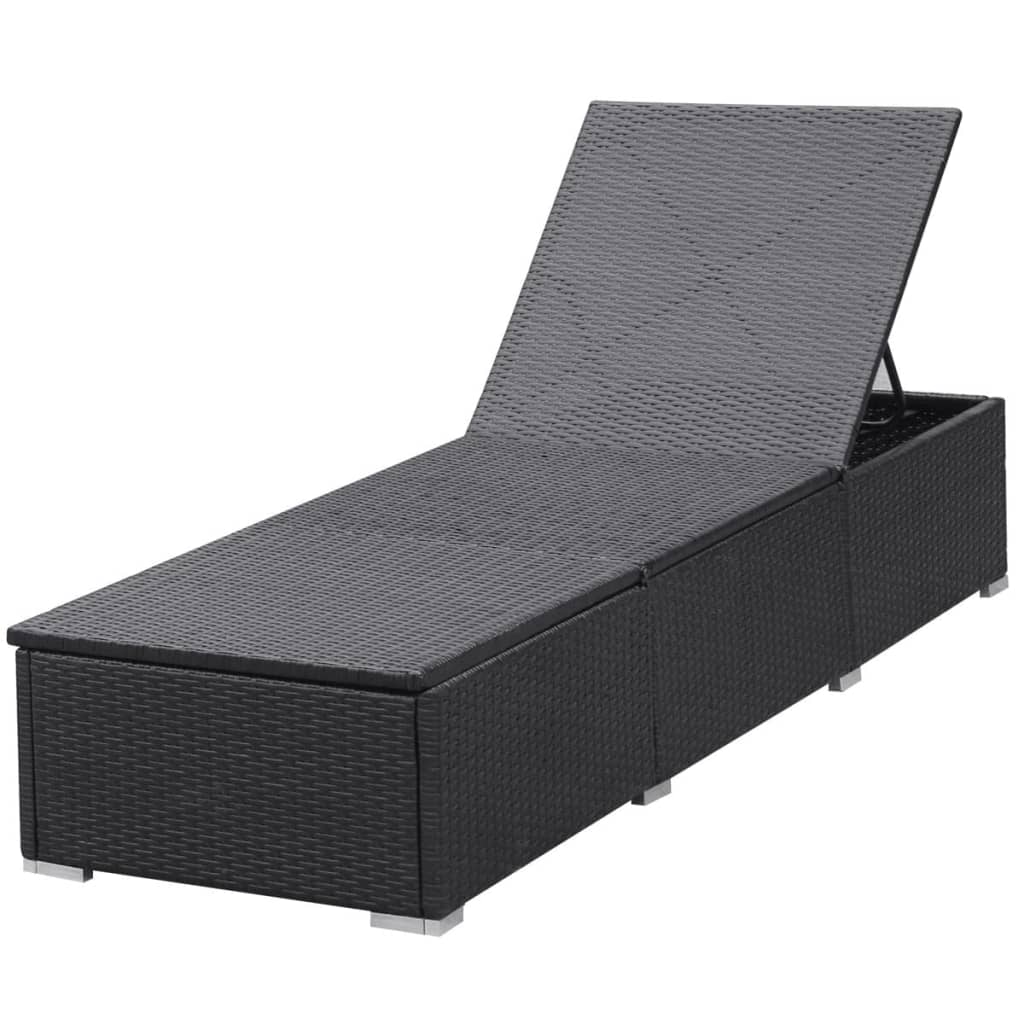 Sun lounger with cushion in black PE wicker