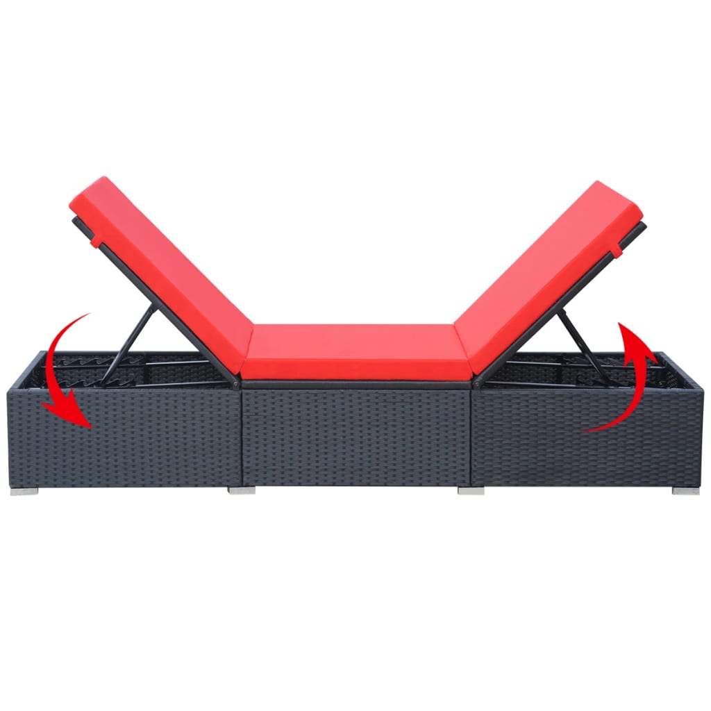 Black PE wicker sun lounger with cushion