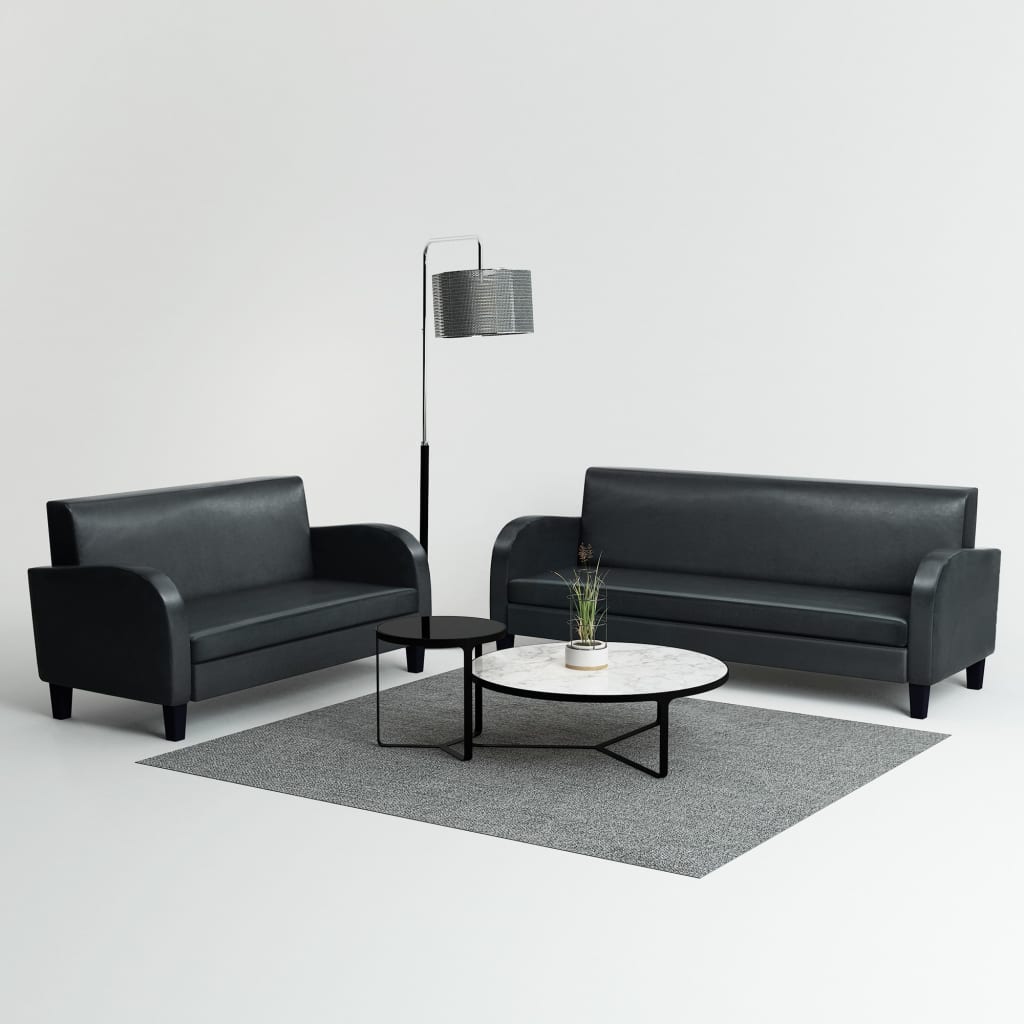 2 pcs sofa set black faux leather