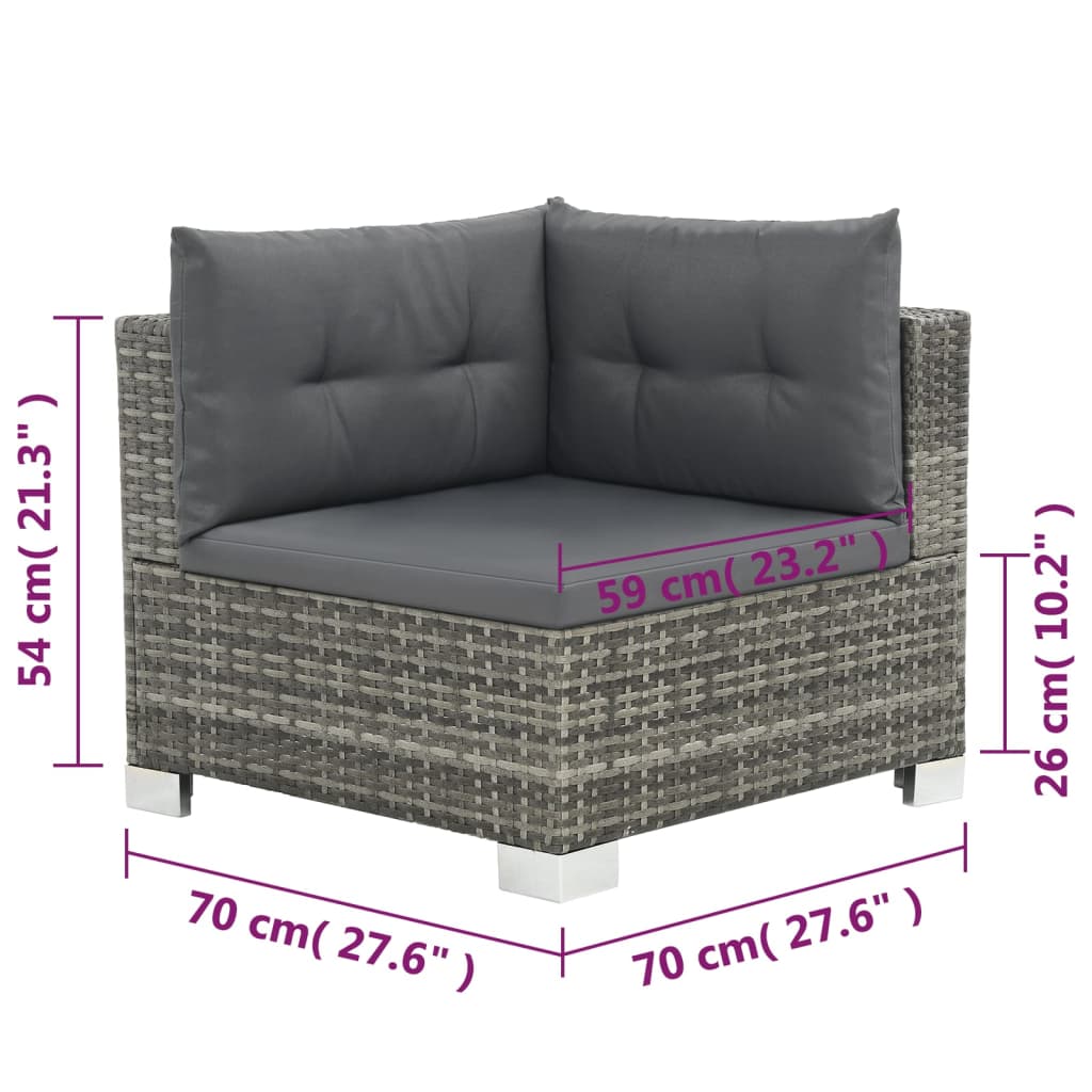 10 pcs conjunto lounge de jardim c/ almofadões vime PE cinzento
