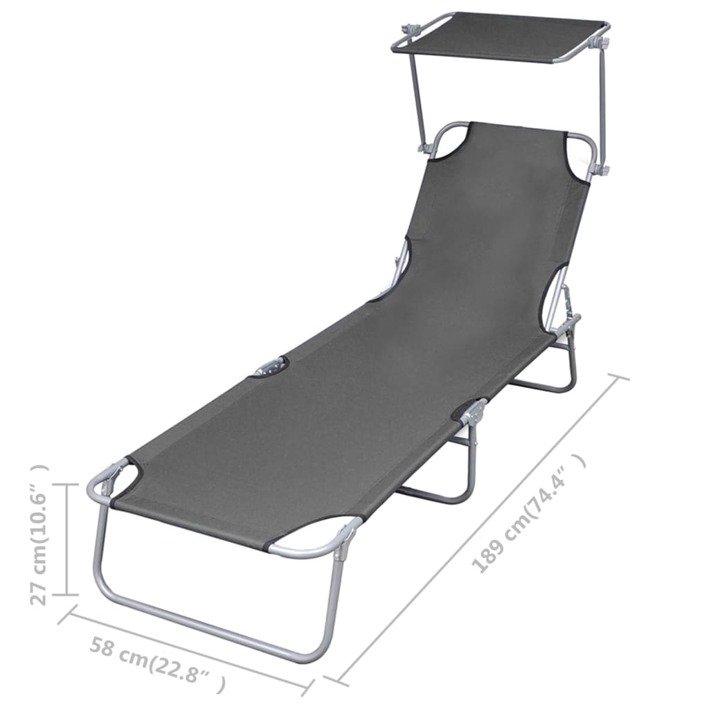 Sun lounger with grey steel canopy