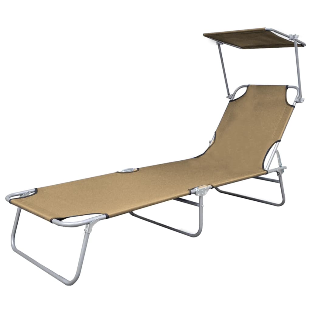 Folding sun lounger with canopy, grey-brown steel