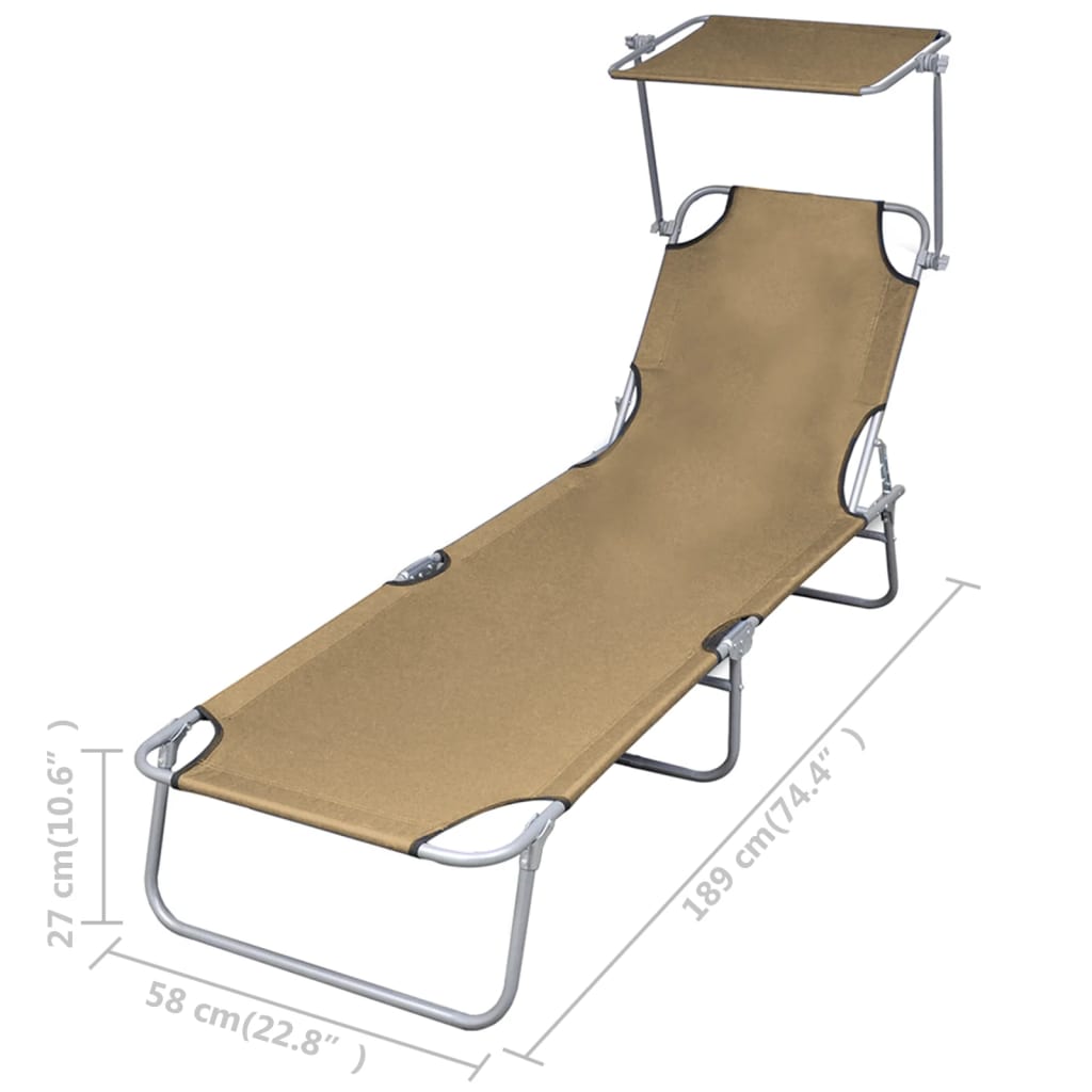 Folding sun lounger with canopy, grey-brown steel