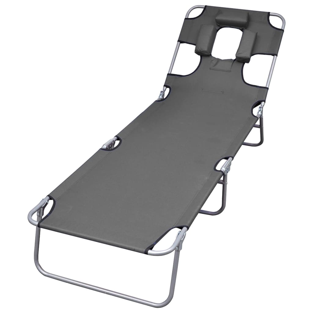 Folding sun lounger with adjustable back cushion grey