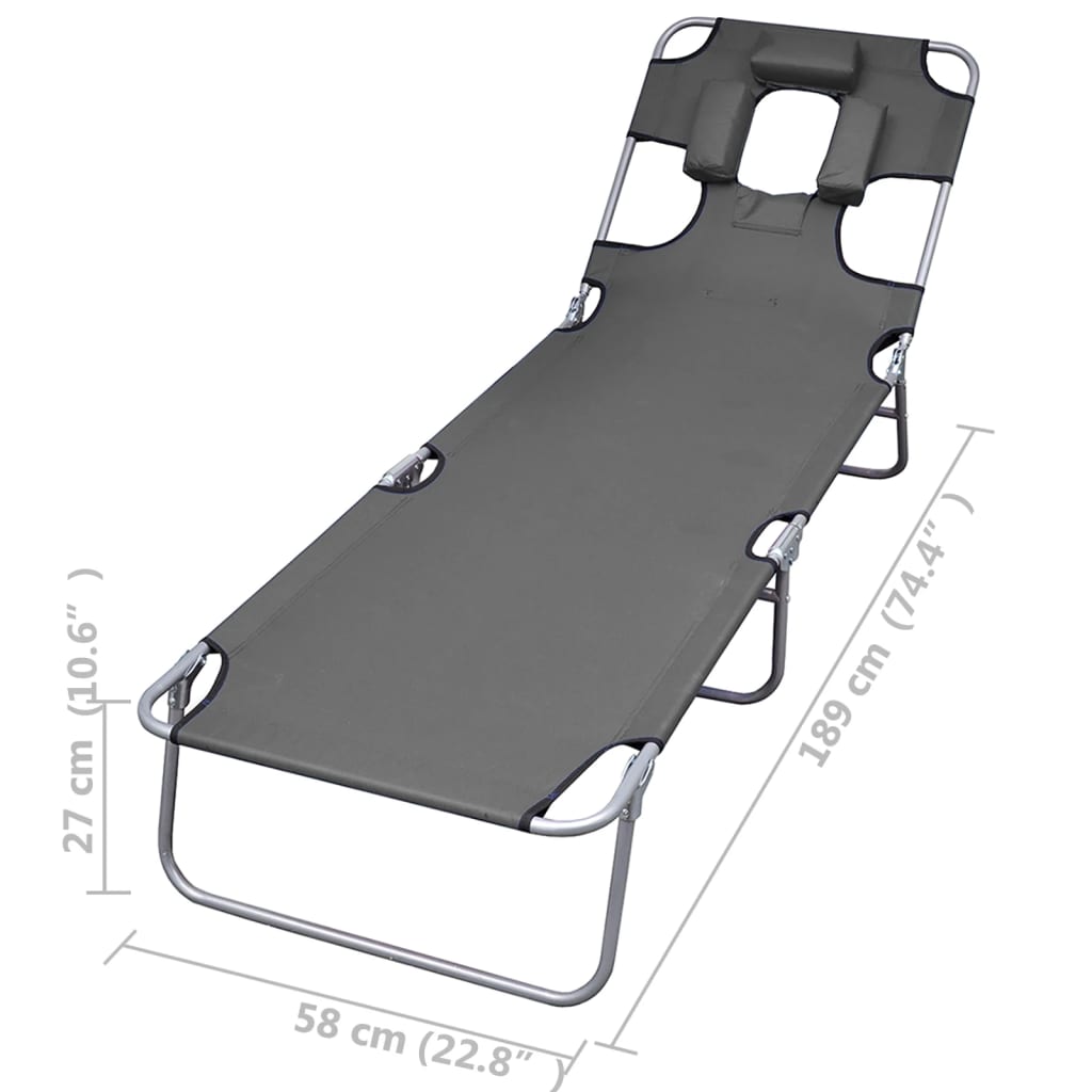 Folding sun lounger with adjustable back cushion grey
