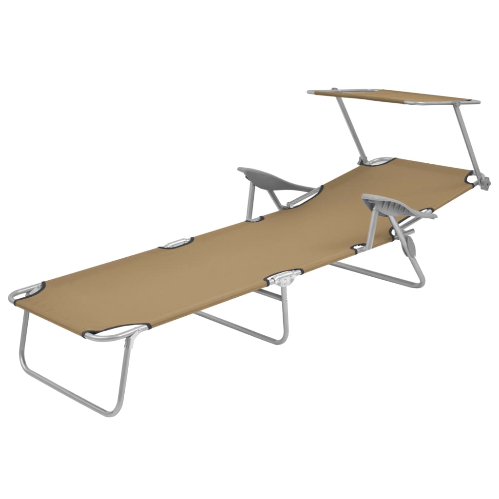 Folding sun lounger with canopy, grey-brown steel