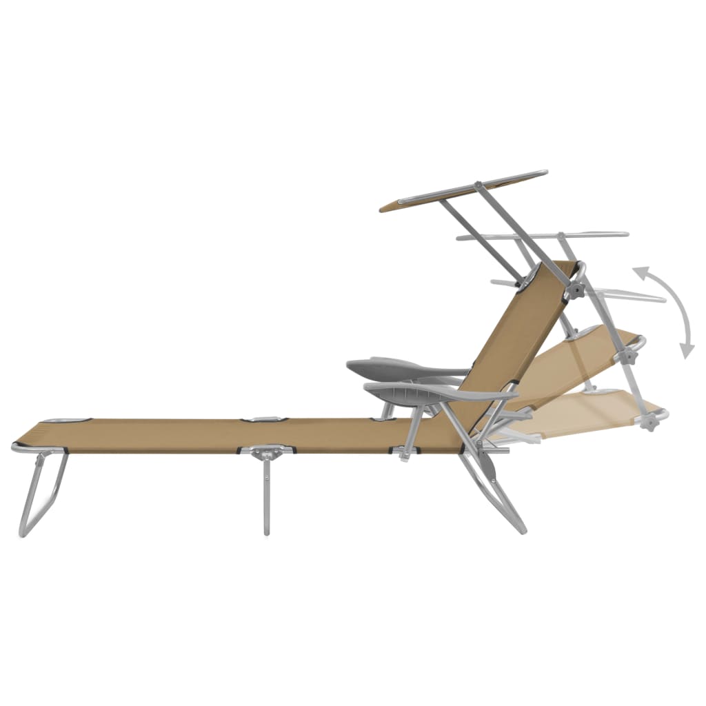 Folding sun lounger with canopy, grey-brown steel
