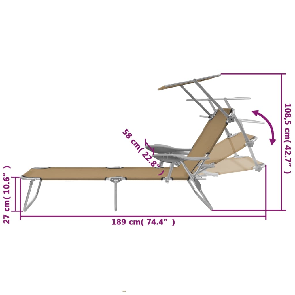 Folding sun lounger with canopy, grey-brown steel