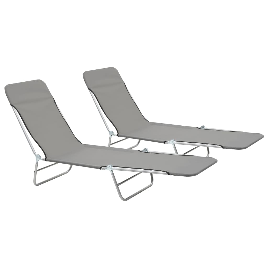 Folding sun loungers 2 pcs steel and grey fabric