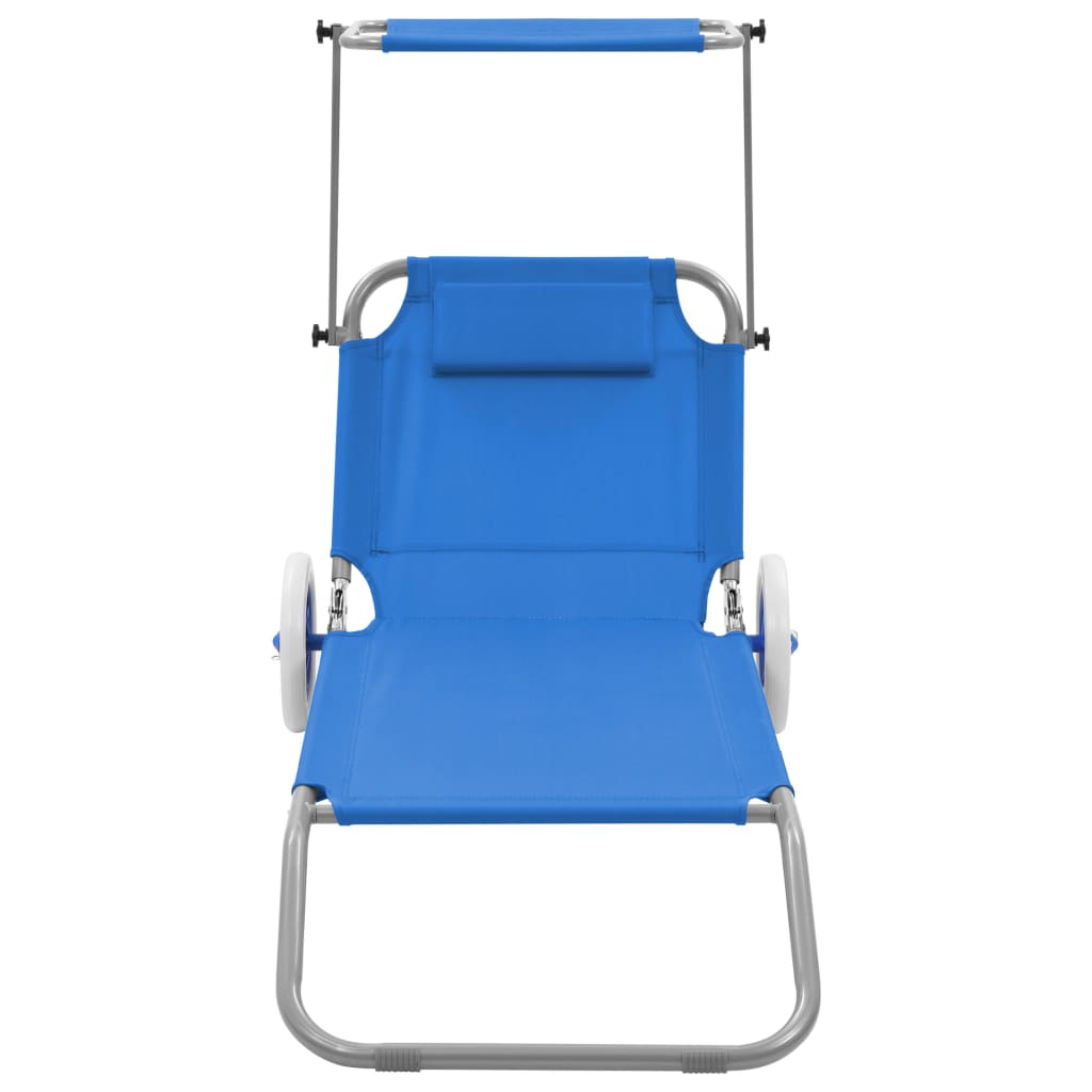 Folding sun lounger with canopy and wheels blue steel