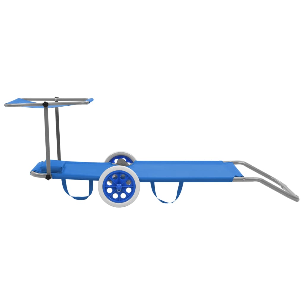 Folding sun lounger with canopy and wheels blue steel